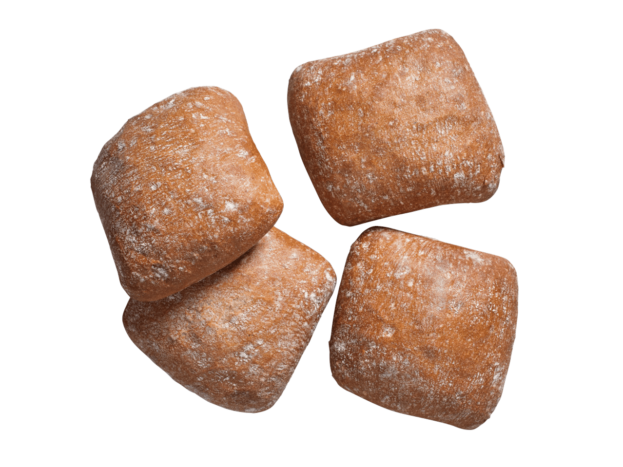 Neli ruudukujulist jahuga kaetud ciabatta kuklit mustal taustal.