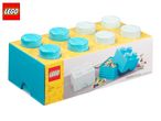 Blue and white storage bricks with 4 knobs, shown with small building blocks.