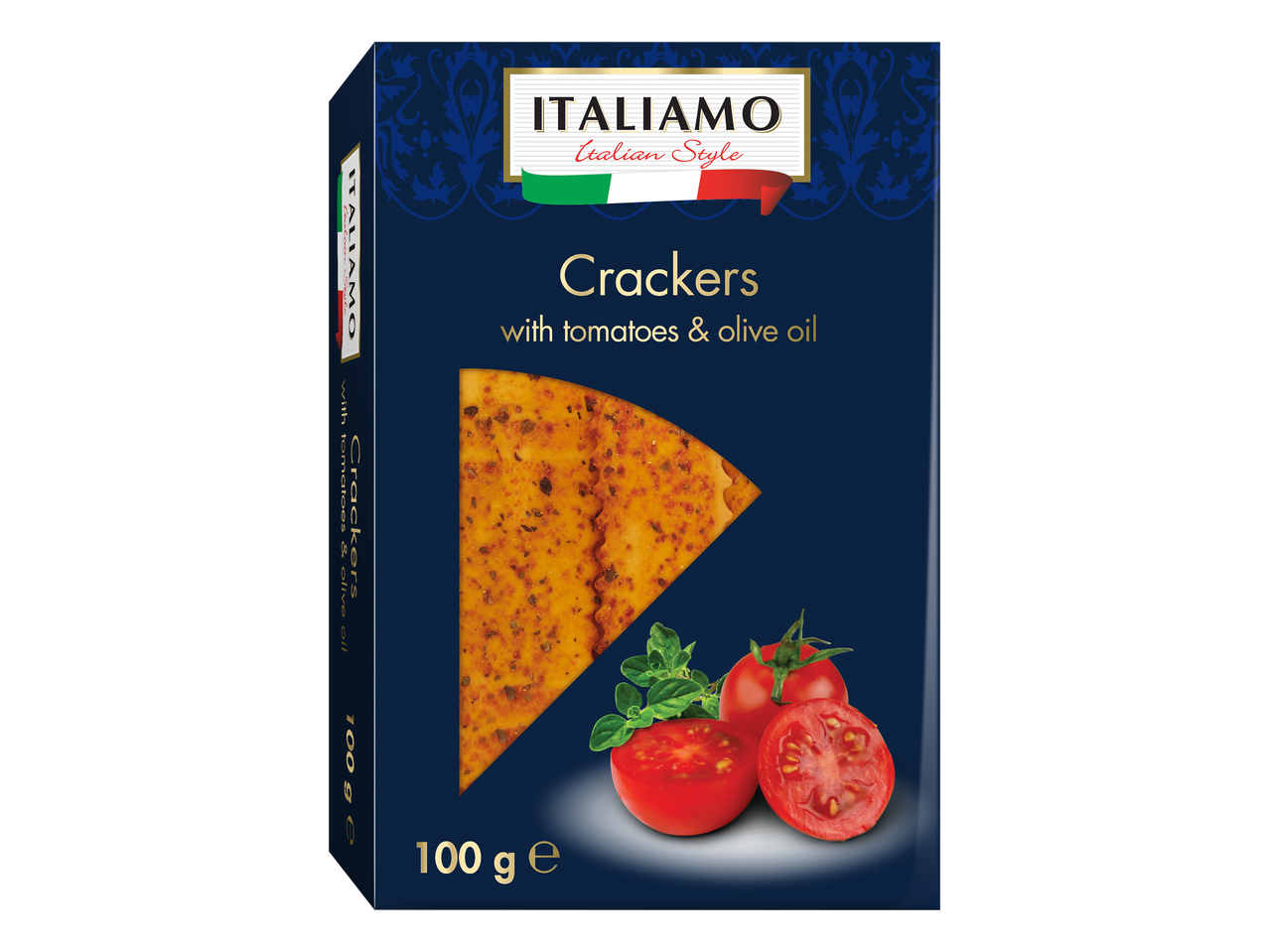 Boîte de crackers aux tomates et huile d'olive, 100g.