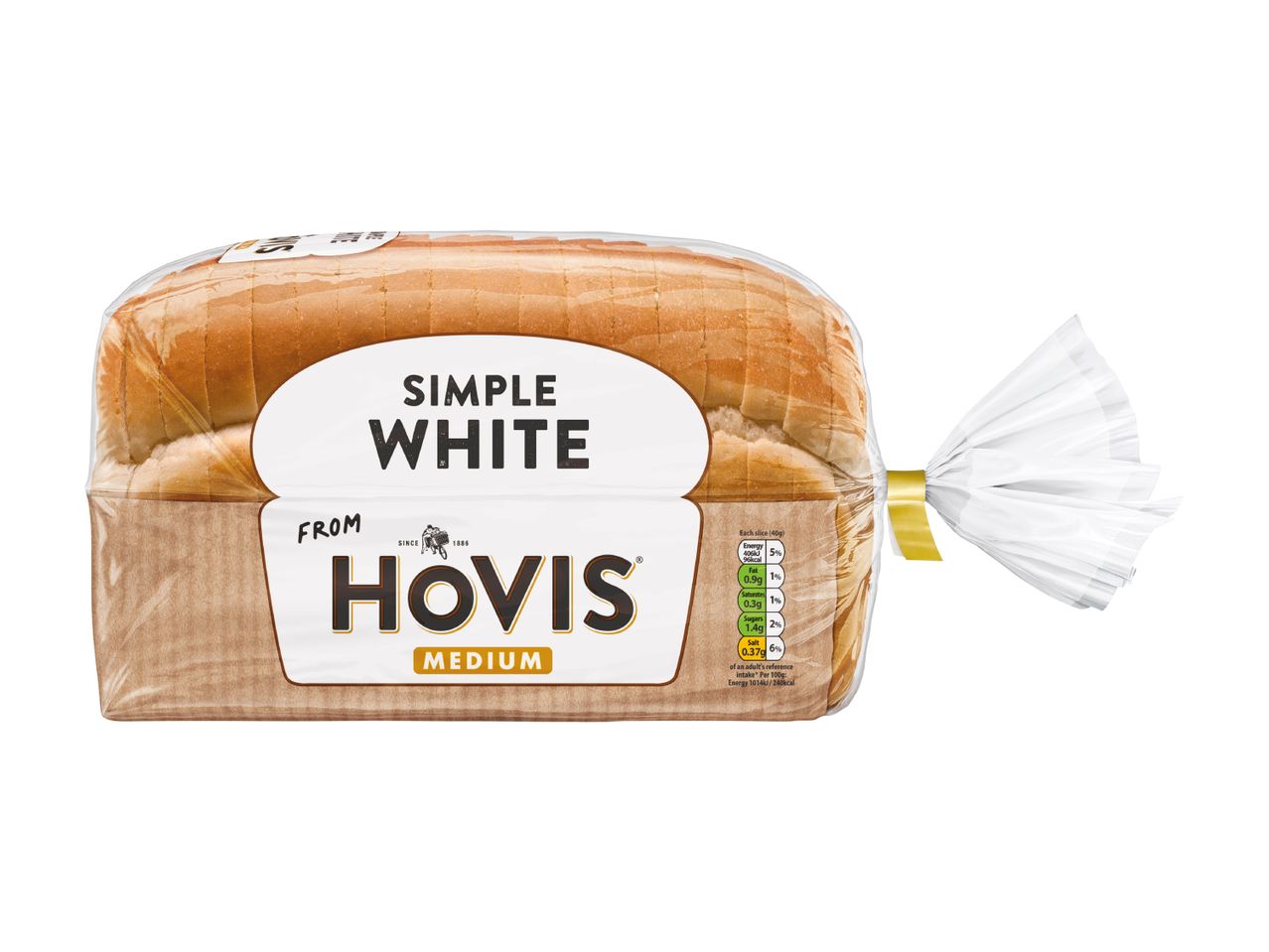 A loaf of Hovis Simple White Medium bread in plastic packaging.