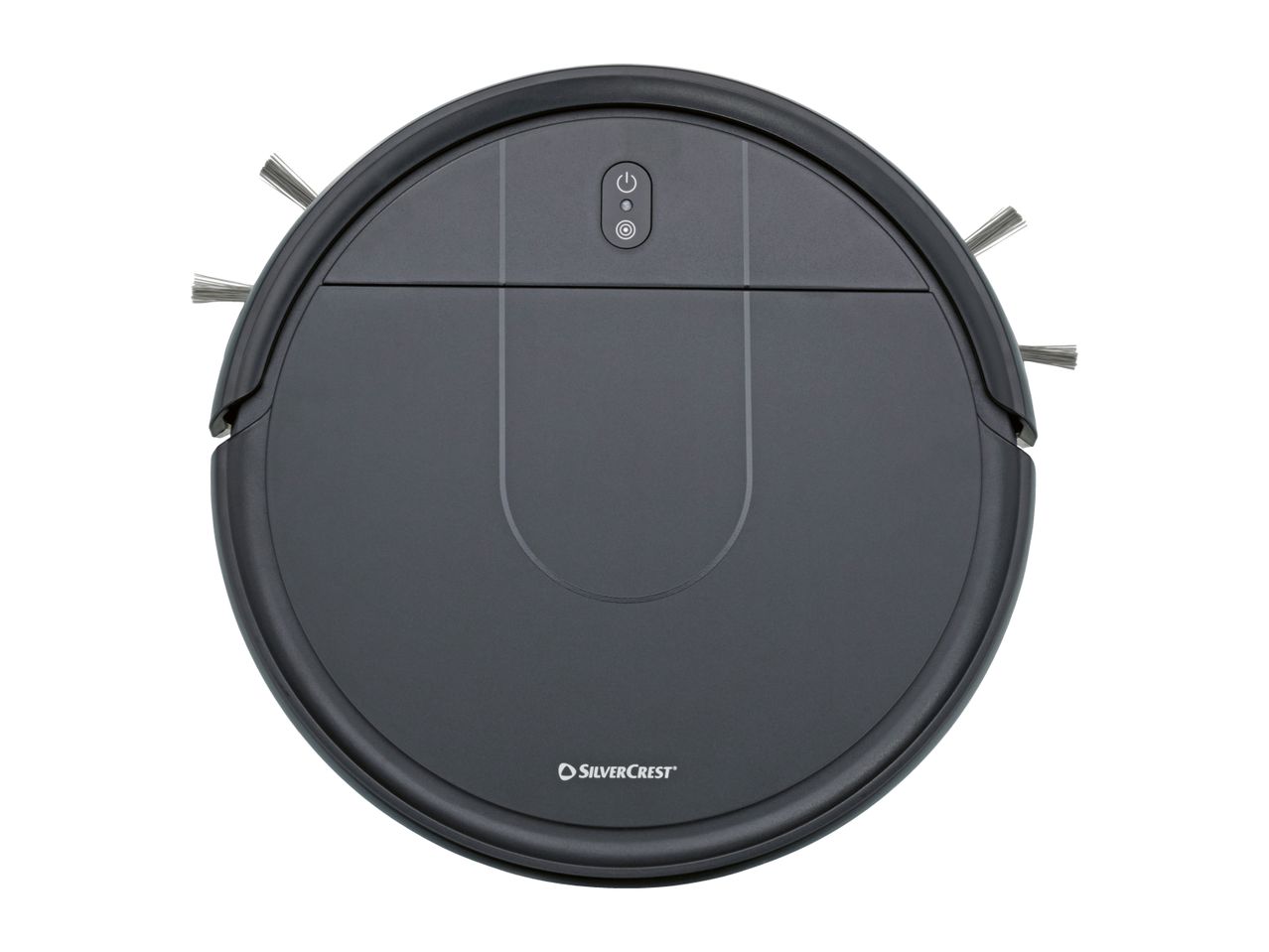 Top-down view of a dark grey robotic vacuum cleaner with side brushes.