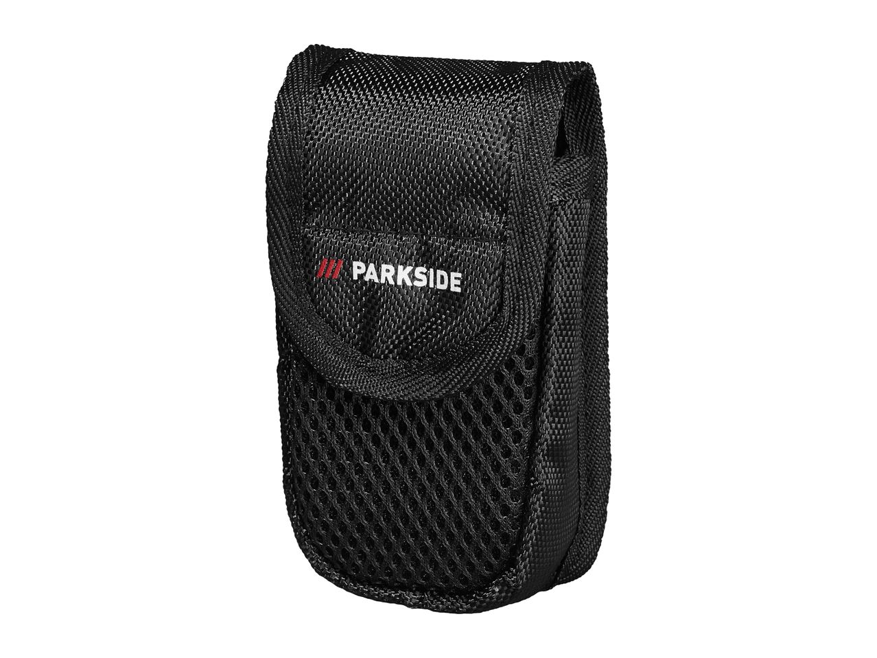 Black tool pouch with a mesh pocket and a red and white logo on the flap.