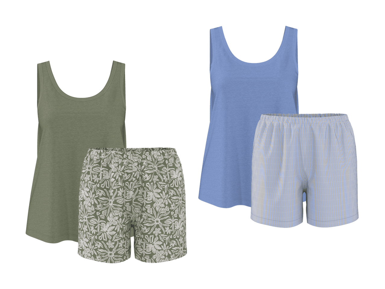 Zwei Damen-Pyjama-Sets: eines grün mit geblümten Shorts und eines blau mit gestreiften Shorts.