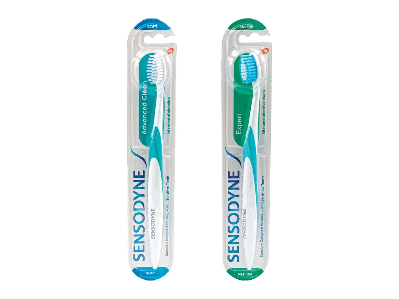 Două periuțe de dinți Sensodyne, una moale pentru curățare avansată și una medie pentru curățare expertă.