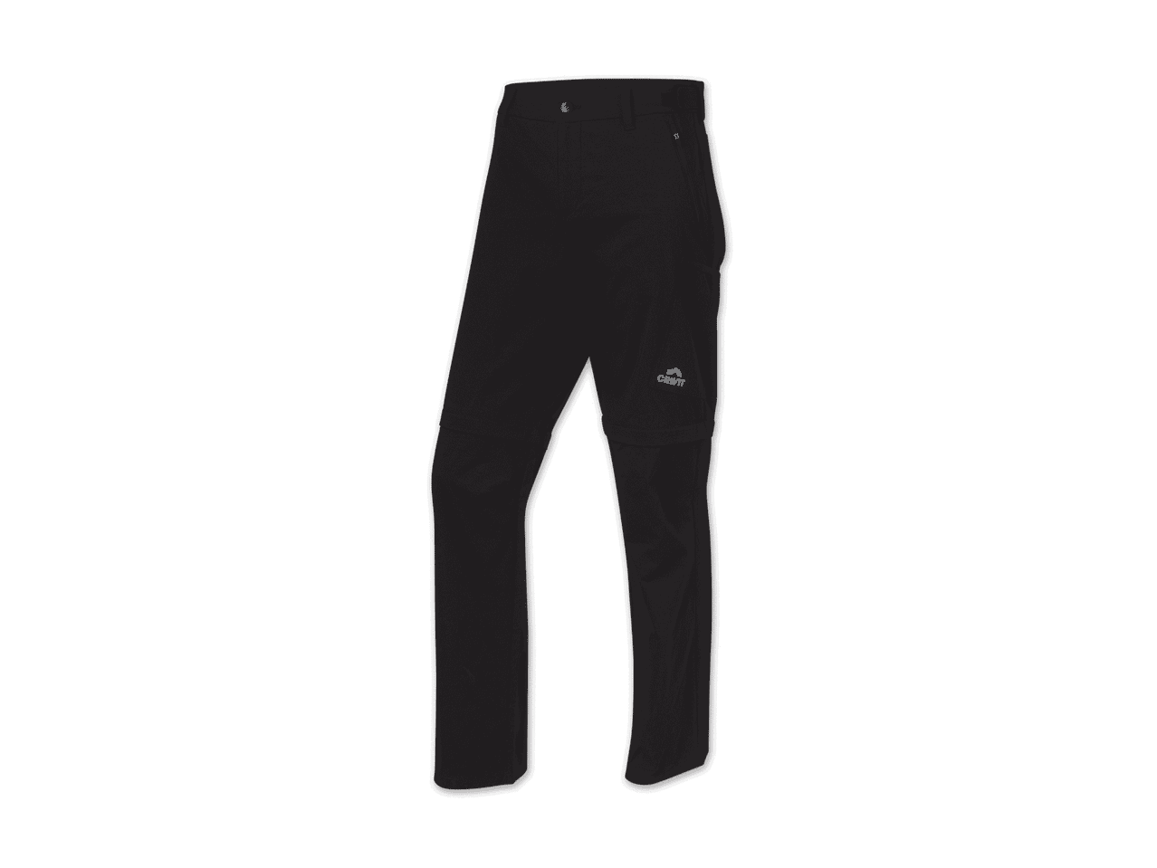 Schwarze Crivit Outdoor-Hose mit abnehmbaren Beinen auf schwarzem Hintergrund.