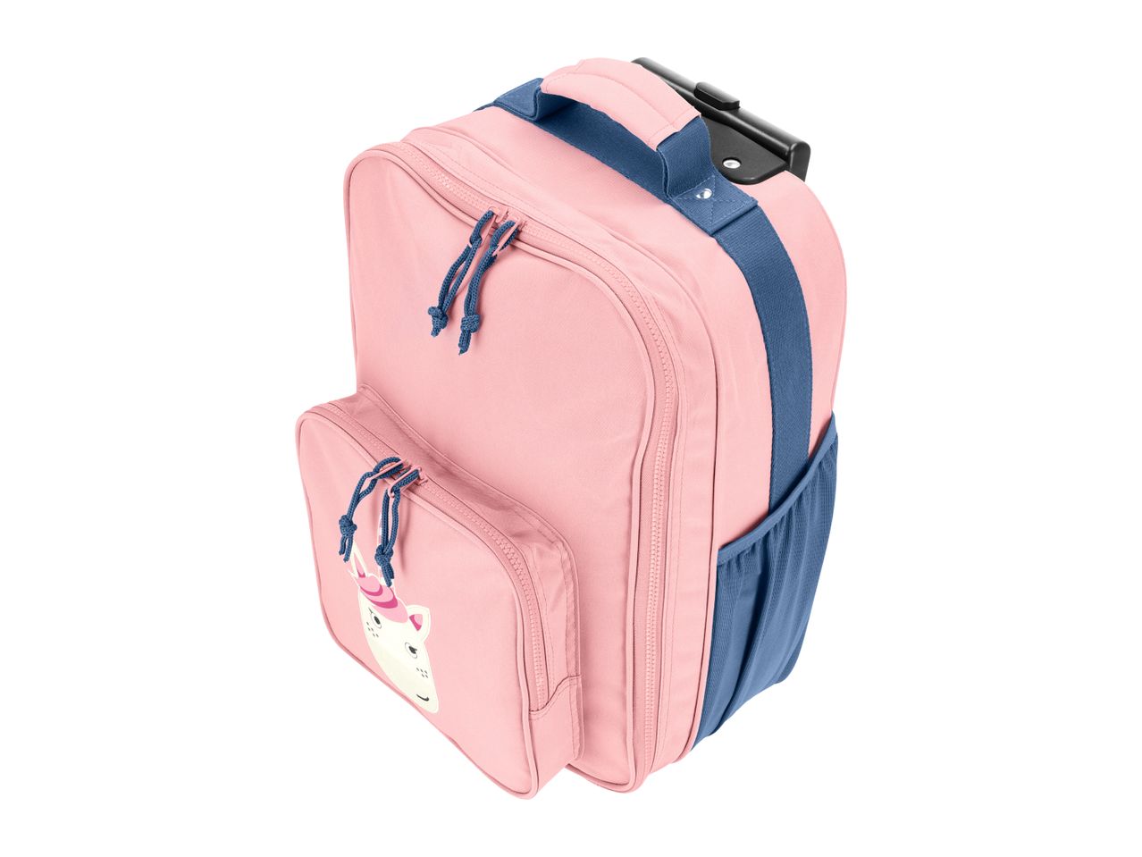 Pink children's trolley backpack with a unicorn design and blue accents.