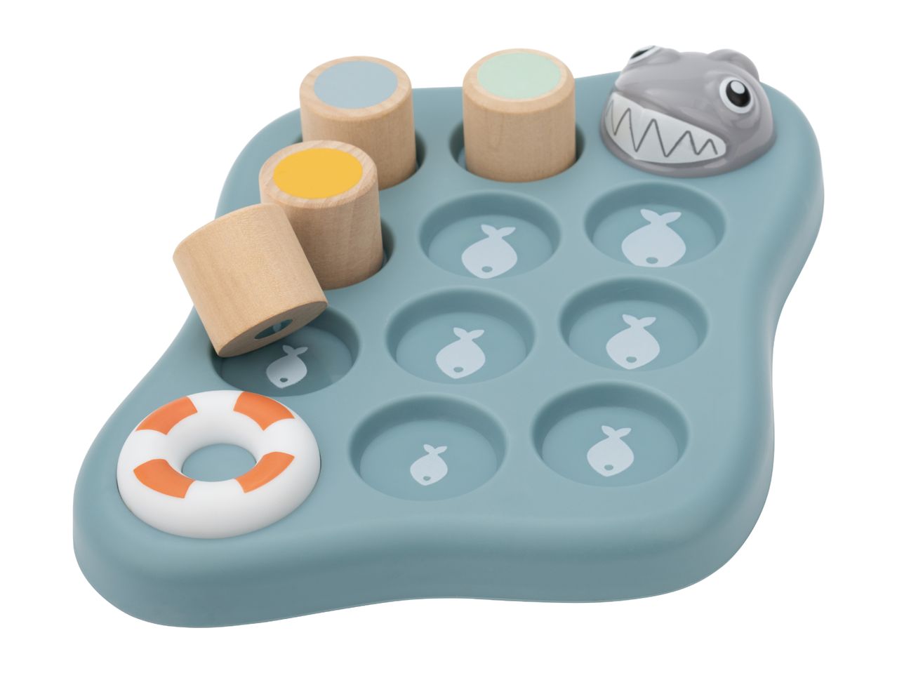 Whack-a-mole style game with a shark, wooden pegs, and fish-themed holes.
