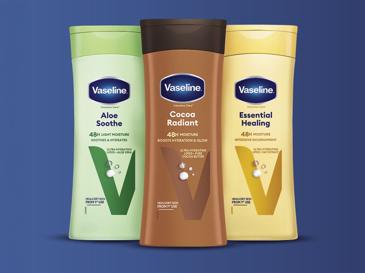 Trei loțiuni Vaseline Intensive Care: Aloe Soothe, Cocoa Radiant și Essential Healing.