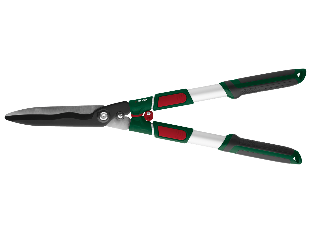 Dzīvžoga šķēres ar gariem rokturiem zaļā, sarkanā un baltā krāsā.