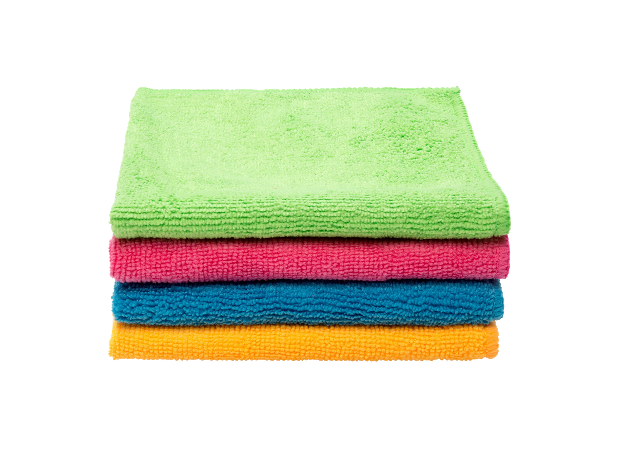 Pilha de quatro panos de microfibra Vileda coloridos: verde, rosa, azul e laranja.