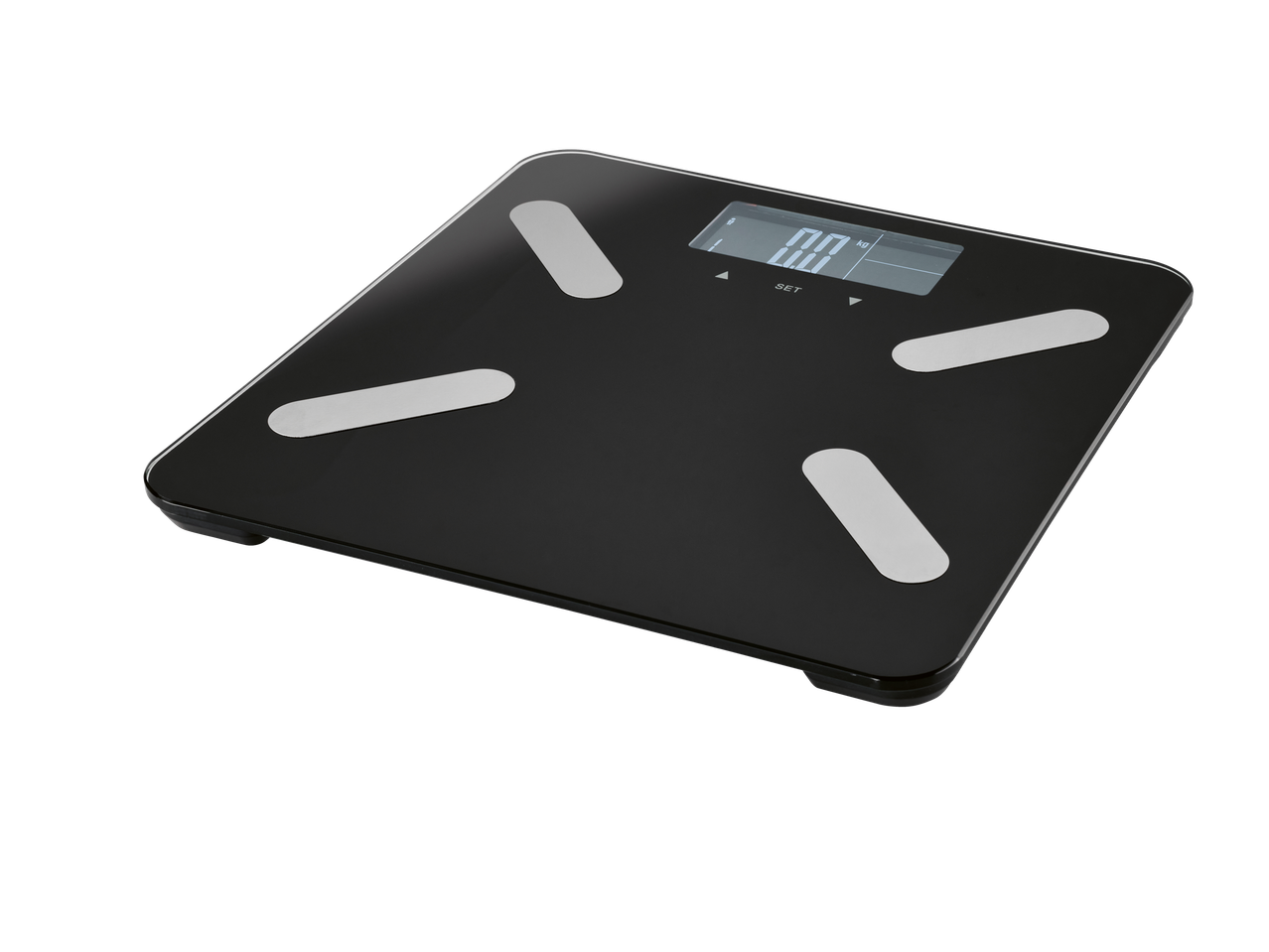 Ηλεκτρονική ζυγαριά Cien Beauty, μαύρη με ψηφιακή οθόνη και ασημένιους αισθητήρες.
