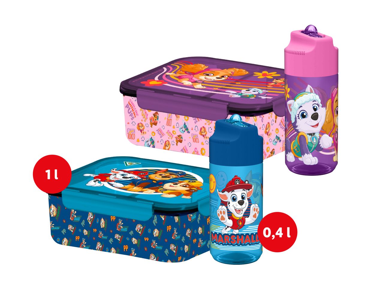 „Paw Patrol“ tematikos pietų dėžutės (1l ir 0,4l) ir vandens buteliukai.