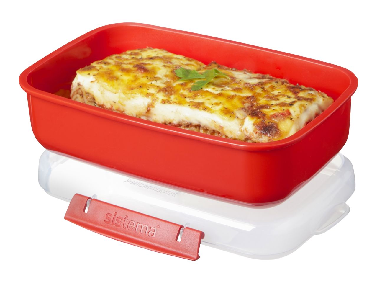 Red rectangular microwave container with baked lasagna, on a clear base with a red clip.