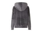 Back view of a gray velvet hoodie with a hood