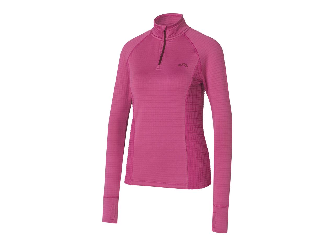 A vibrant pink long-sleeved athletic top with a quarter-zip and textured panels.