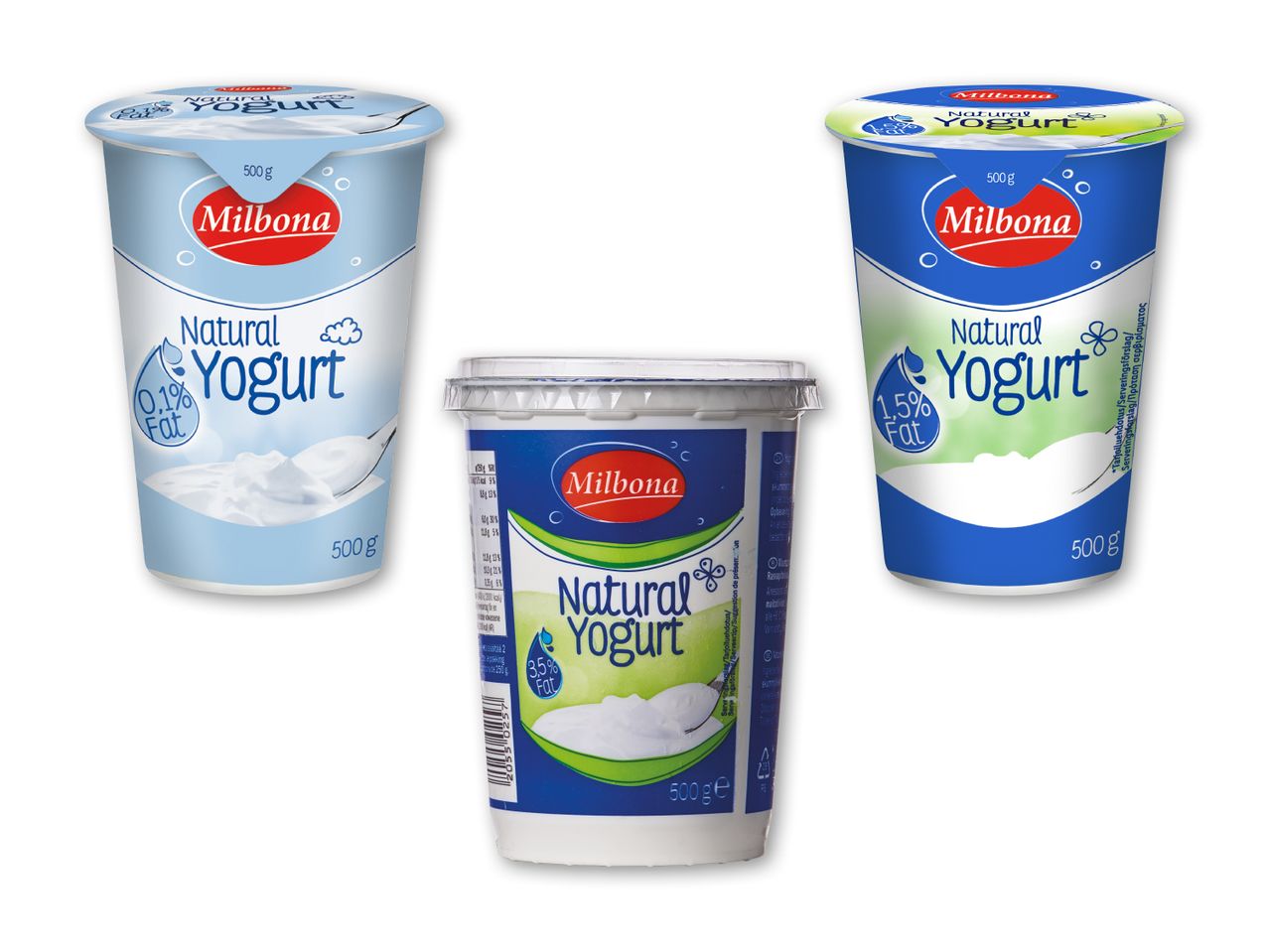 Tre beholdere med naturlig yoghurt med forskellige fedtprocenter (0,1%, 1,5%, 3,5%).