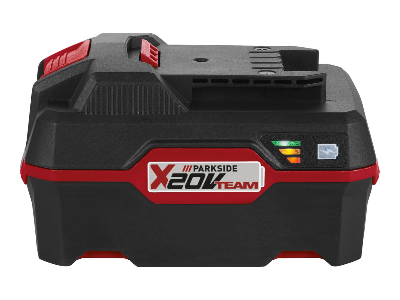 A black and red power tool battery with a charge indicator and a brand logo.