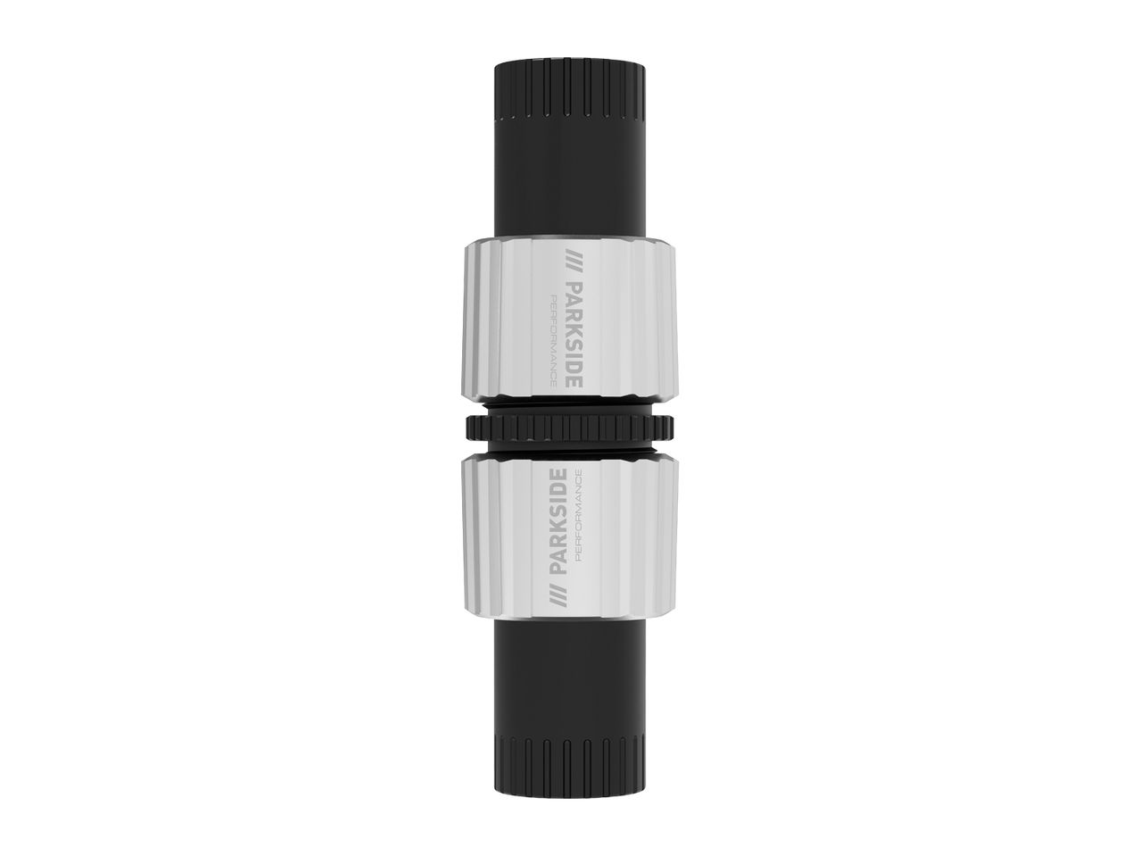 Black and silver hose connector with ribbed grips and 'PARKSIDE PERFORMANCE' text.