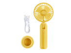 Yellow portable rechargeable fan with USB cable and stand.