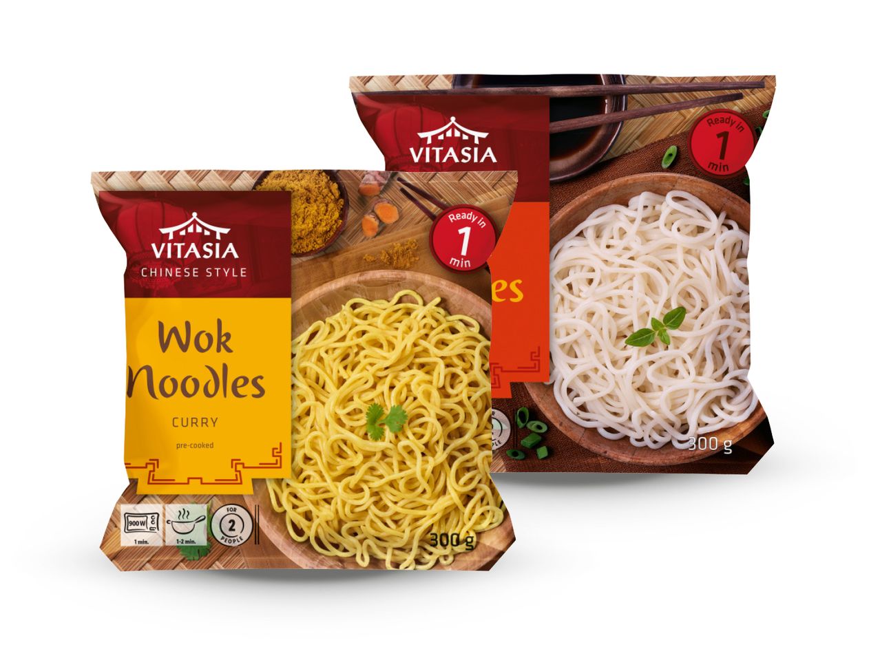 Pakiranja Vitasija wok rezanaca s curryjem i običnih rezanaca, spremna za jelo za 1 minutu.