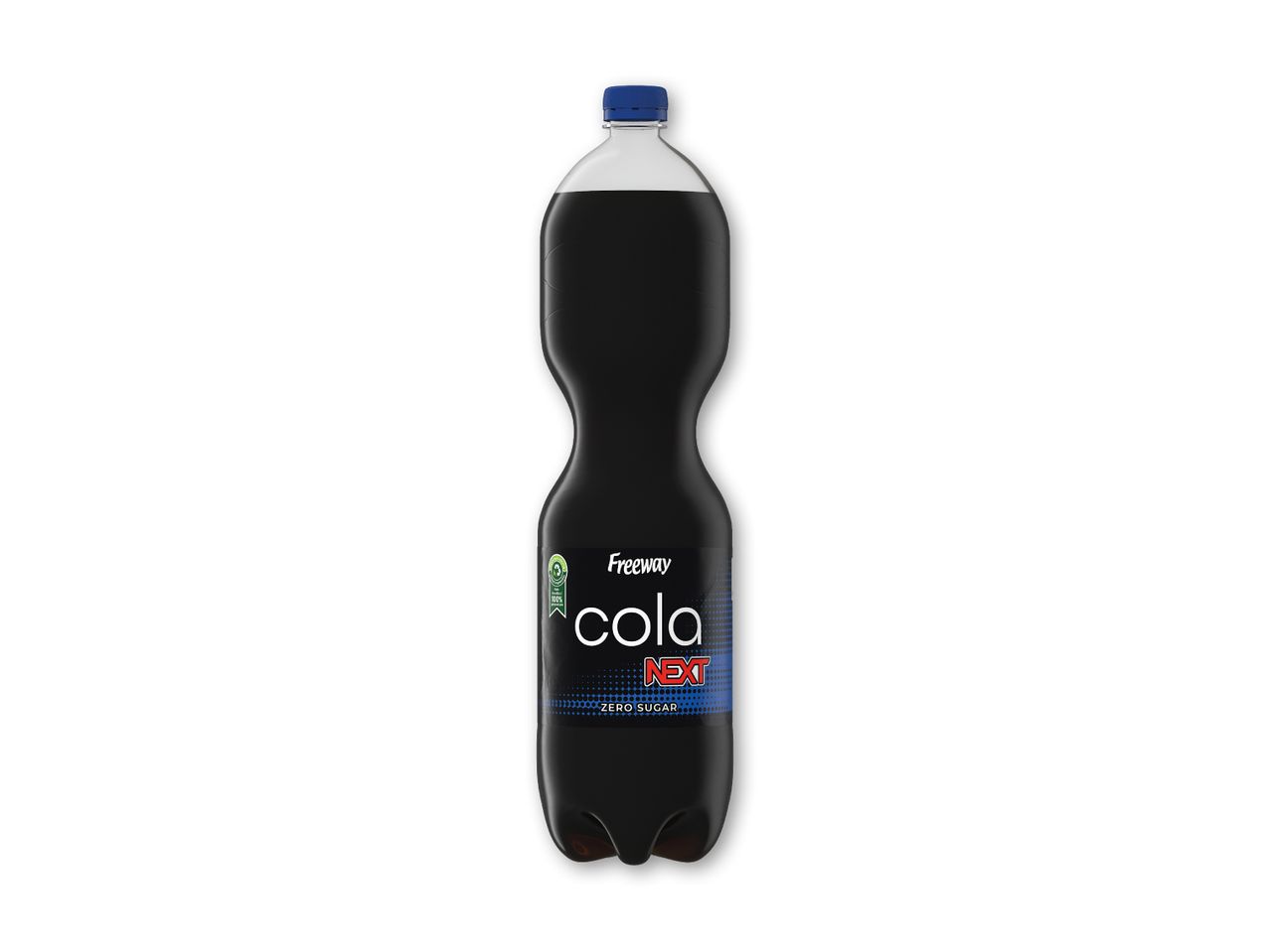 En flaske cola med teksten 'cola NEXT ZERO SUGAR' på etiketten.