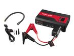 Portable car jump starter with air compressor, jumper cables, and various nozzle attachments.