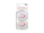 Two baby pacifiers in pink and beige, packaged together, for ages 0-6 months.