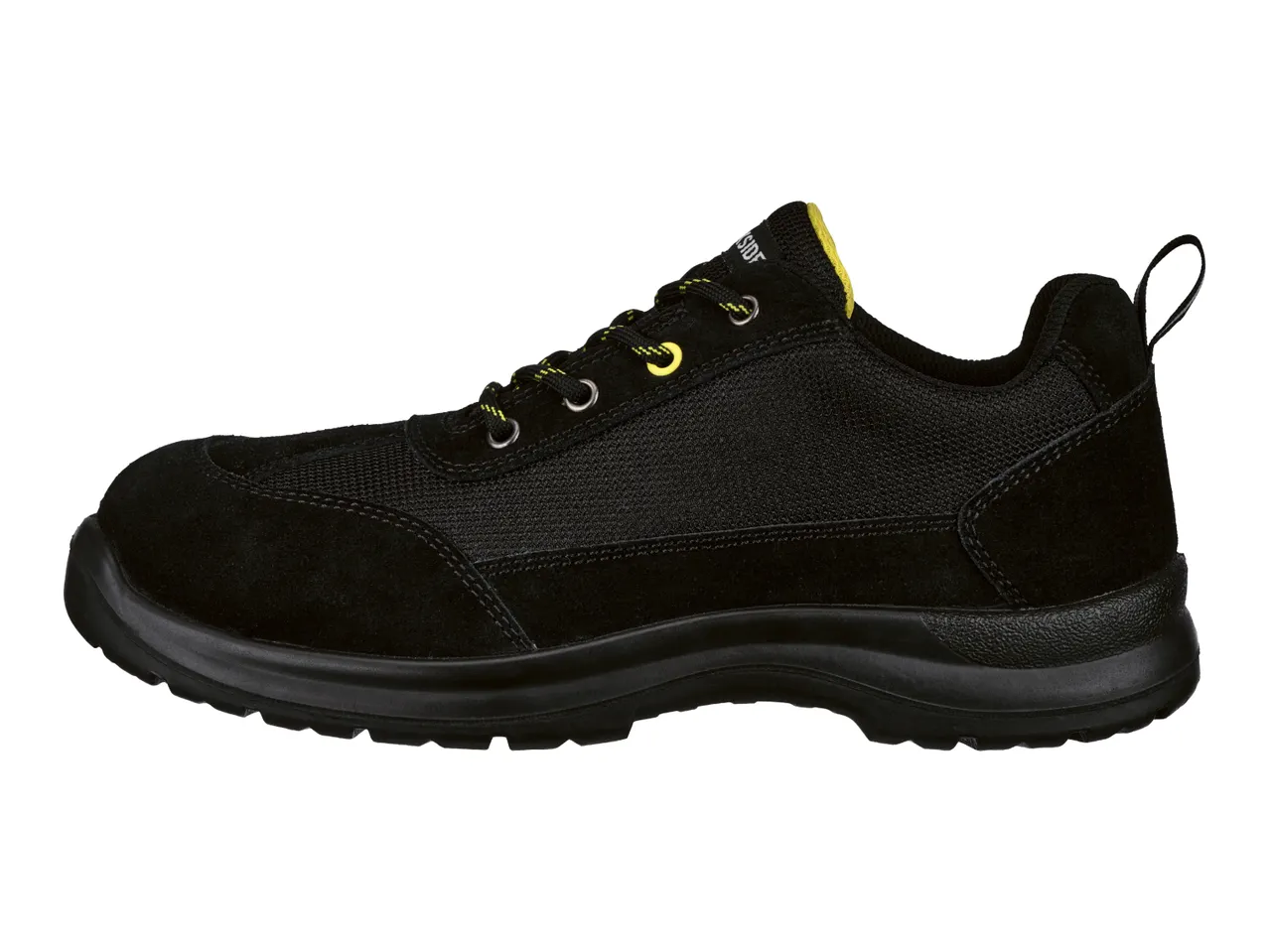 Black safety shoe with yellow laces and accents, side view.