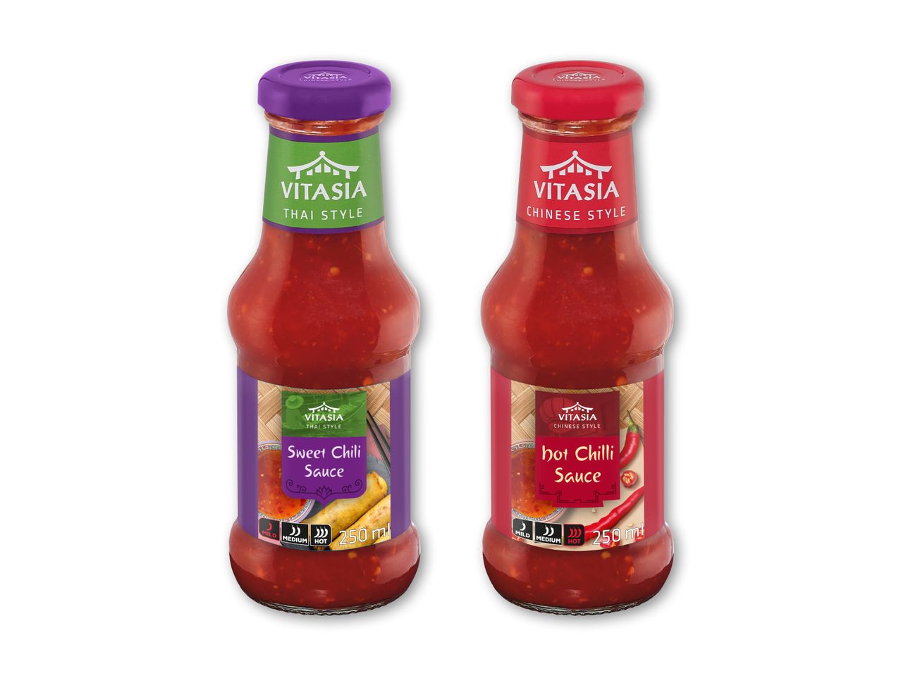 To flasker chilisauce, en sød chilisauce i thailandsk stil og en stærk chilisauce i kinesisk stil.