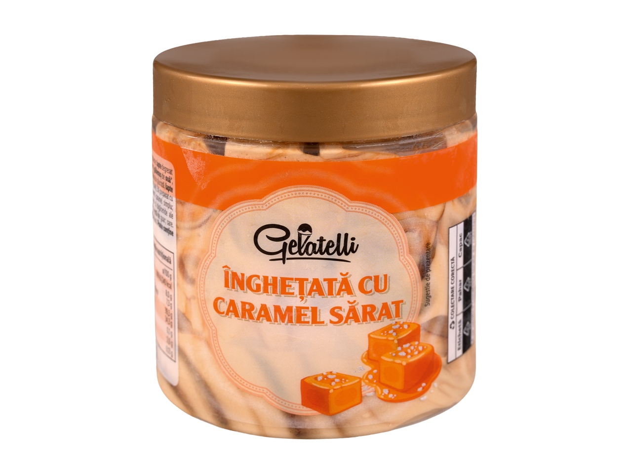 Înghețată GELATELLI cu caramel sărat într-un recipient transparent cu capac auriu.