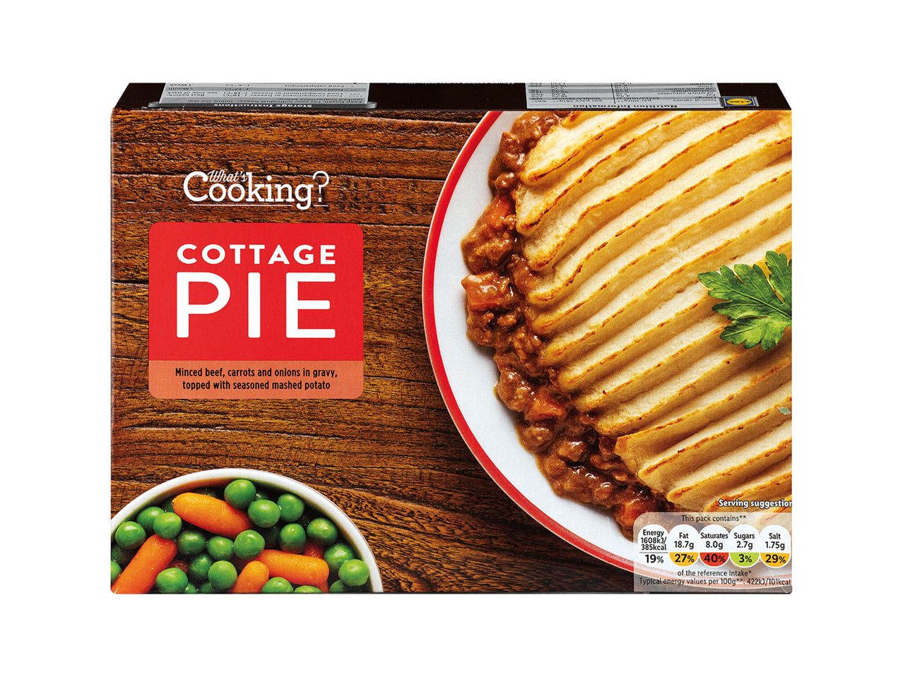 What's Cooking? Cottage Pie: minced beef, carrots and onions in gravy, topped with seasoned mashed potato.