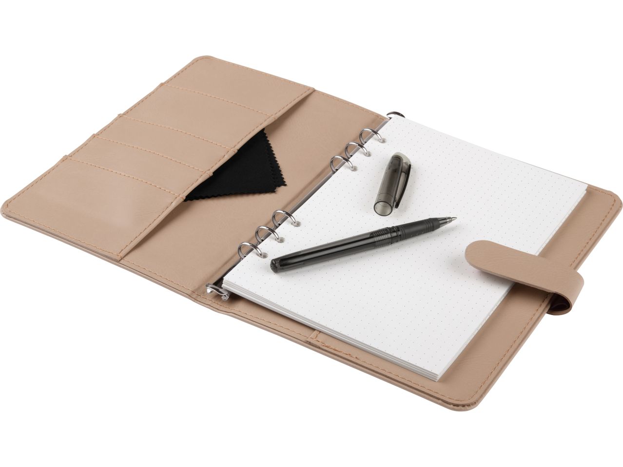 A beige Reusable Notebook with a pen