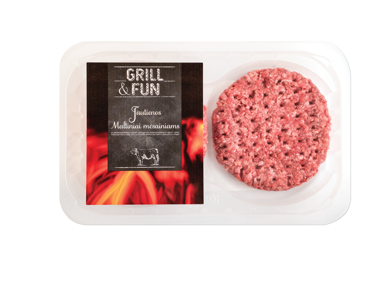 GRILL & FUN jautienos mėsainio paplotėlis pakuotėje, su ugnies motyvo etikete.