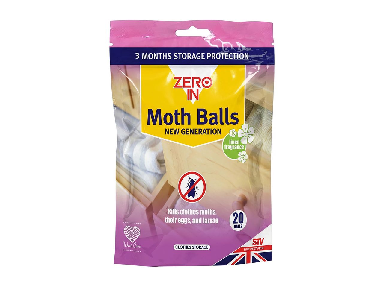 Moth balls for clothes storage, offering 3 months protection, linen fragrance, and killing moths, eggs, and larvae.
