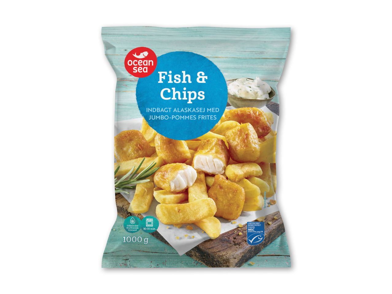 Frosne fisk og pommes frites fra Waitrose.