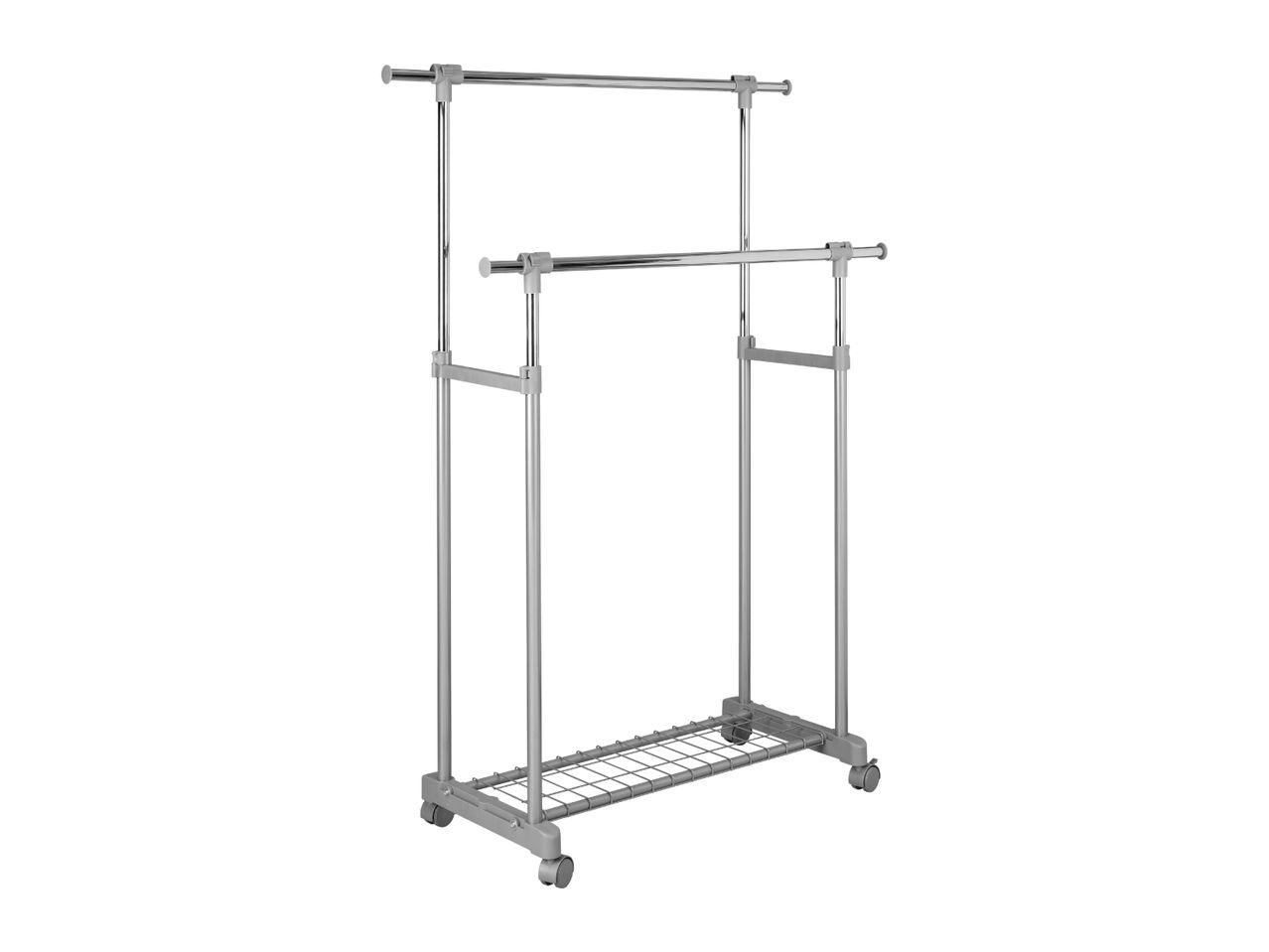 Silver double-rail clothes rack with a wire shelf and wheels on a white background.