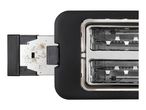 Top-down view of a toaster with a crumb tray pulled out, showing crumbs.