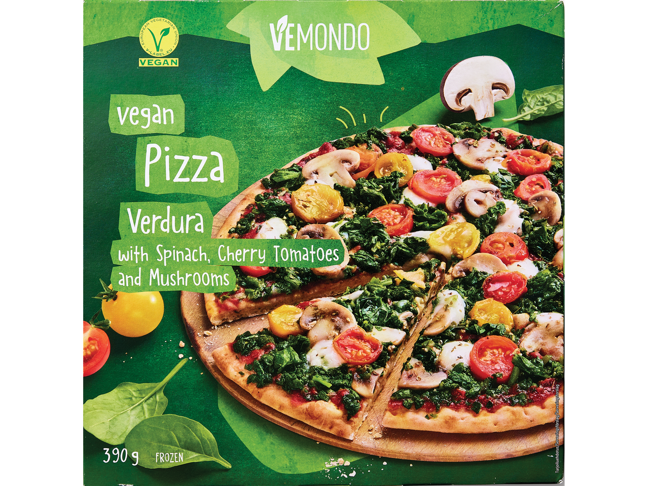 Vēmondo vegansk pizza Verdura med spinat, cherrytomater og champignon.