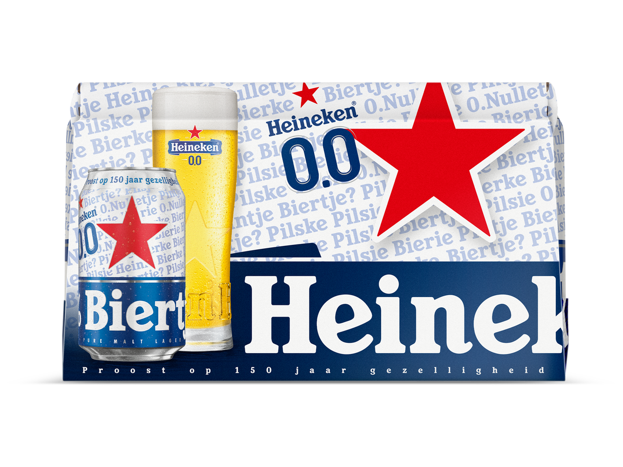 Een sixpack van alcoholvrij bier met een glas en blikje, met de tekst 'Proost op 150 jaar gezelligheid'.