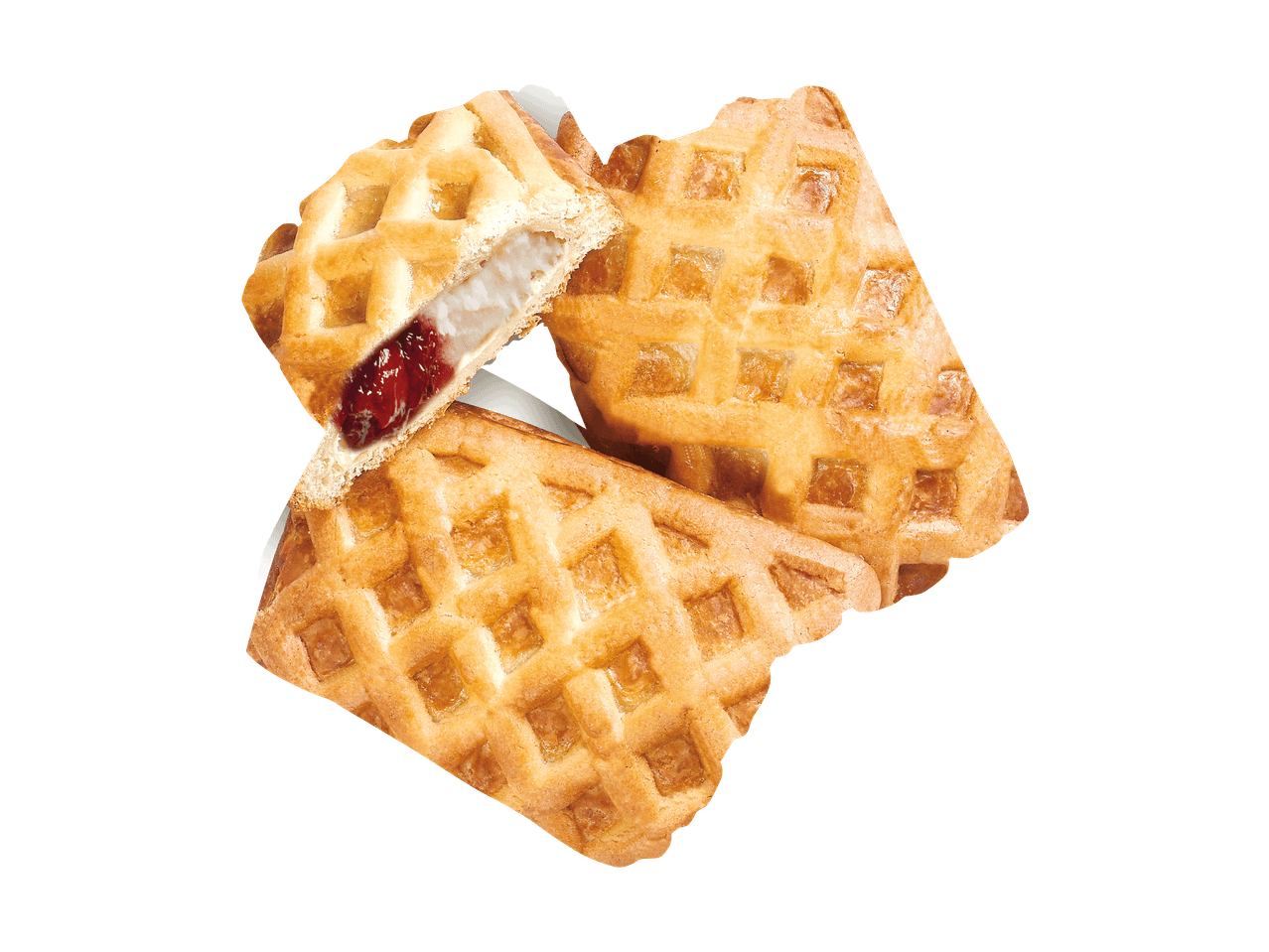 Drei Waffelgebäckstücke mit Marmeladenfüllung liegen übereinander.