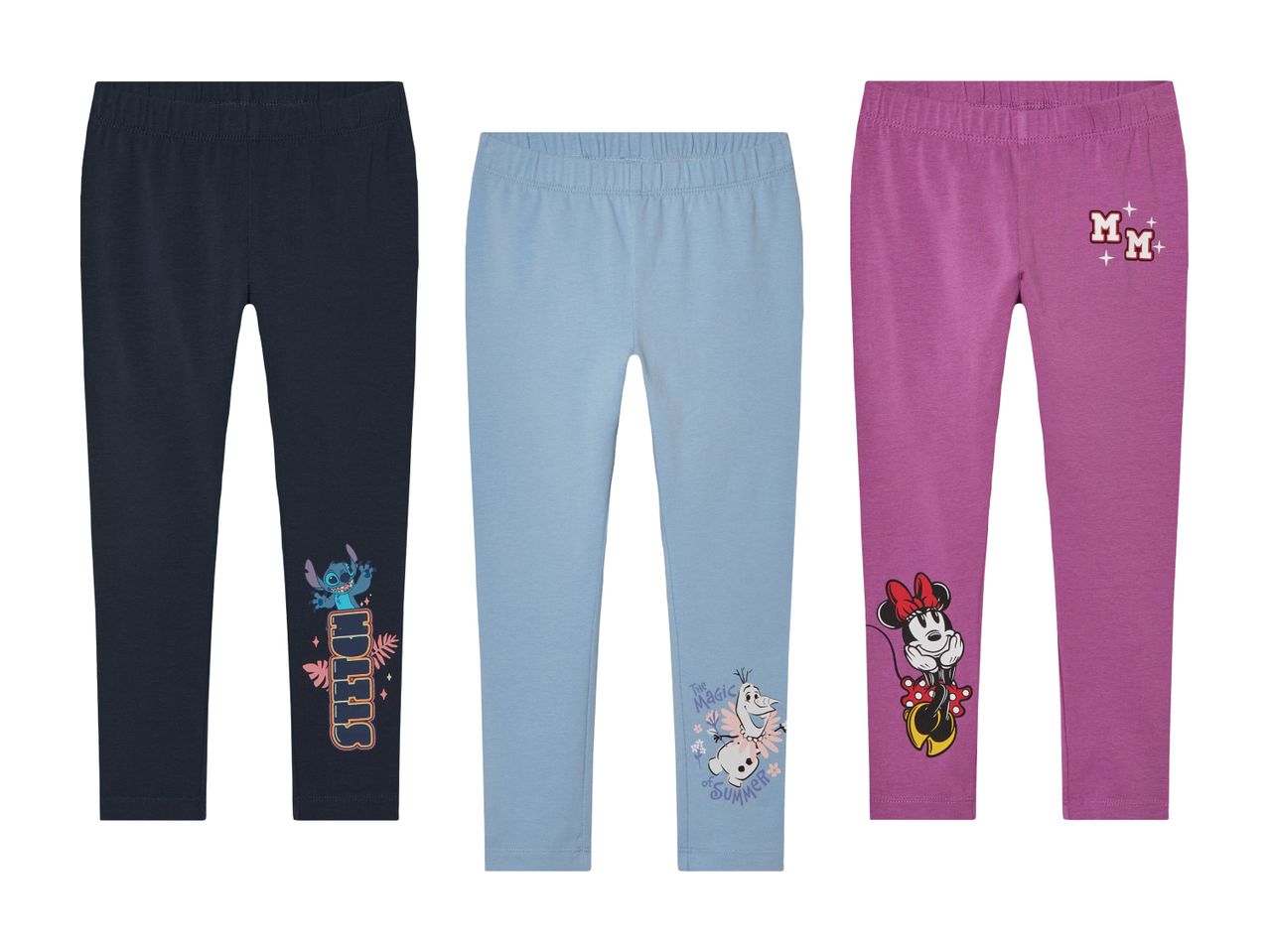 Drei Mädchen-Leggings mit niedlichen Applikationen.