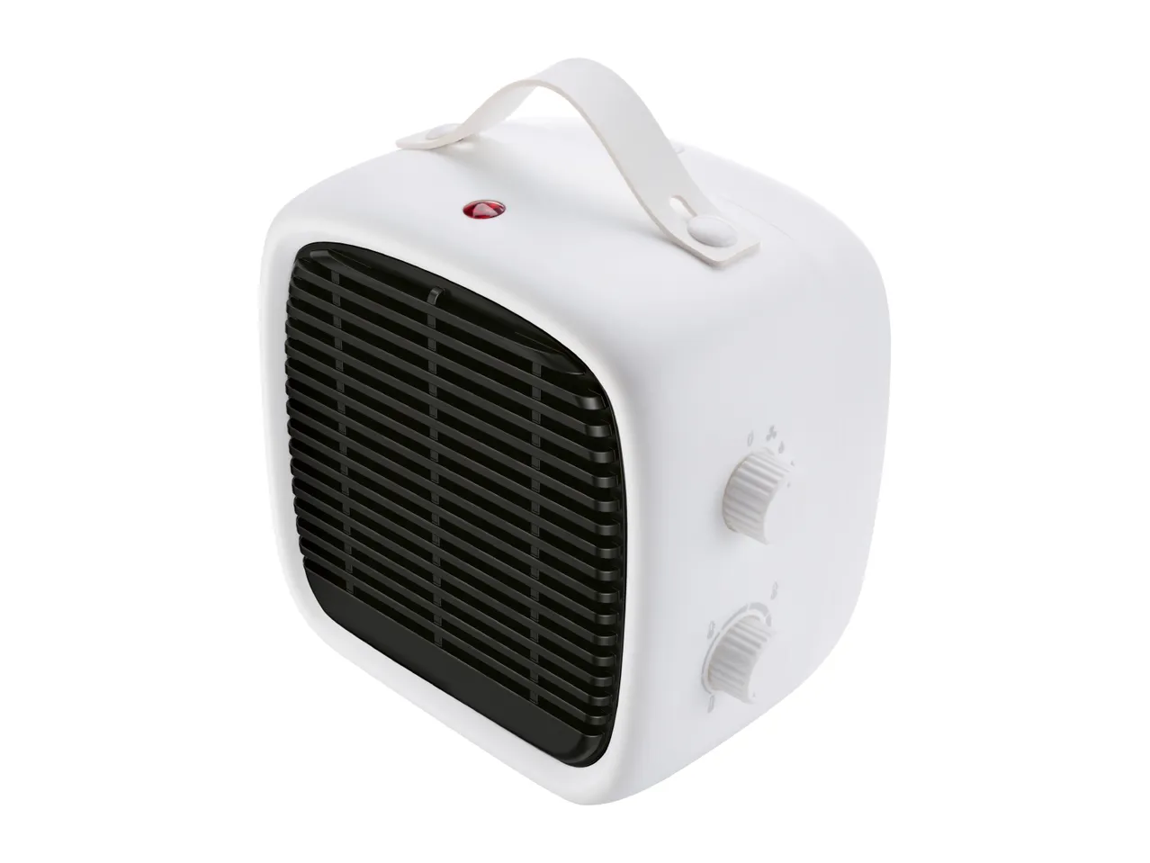 White portable electric fan heater with a black grille and two control knobs.