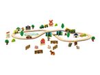 Wooden toy train set with tracks, vehicles, buildings, trees, and farm animals.