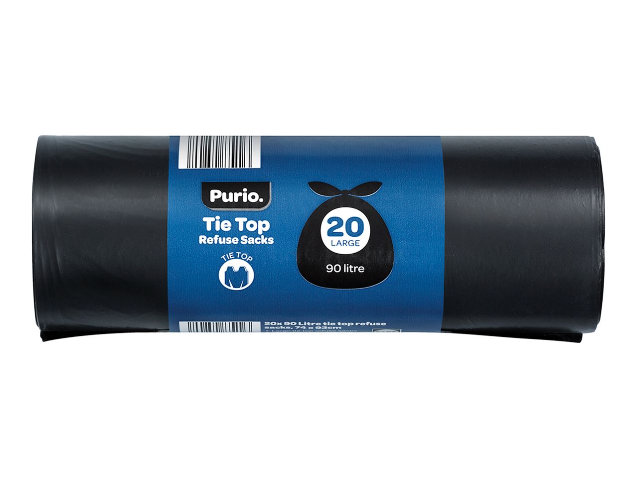 Roll of black Purio refuse sacks: 20 x 90 litre tie top bags.