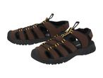 Pair of men's brown and black outdoor sandals with yellow accents and adjustable laces.