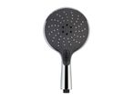 Handheld shower head with a dark grey face, chrome trim, and a black button on the handle.