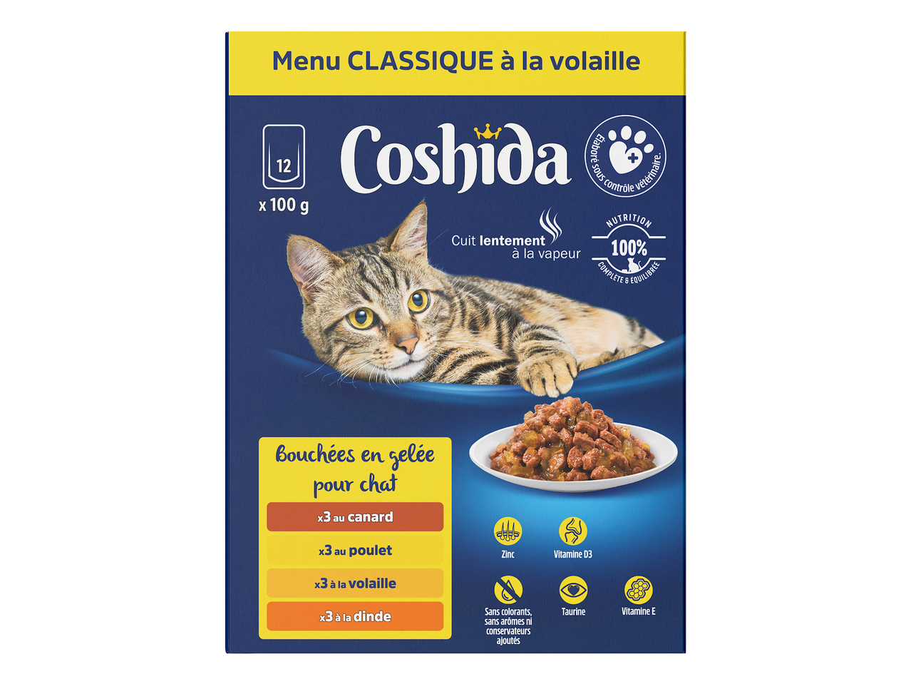 Boîte de nourriture pour chat en gelée, saveur volaille, avec 12 sachets de 100g.