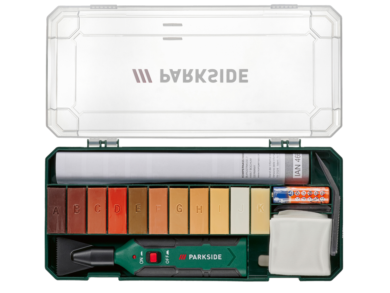 Parkside® lamināta un parketa remonta komplekts ar vaskiem un instrumentiem atvērtā kastē.