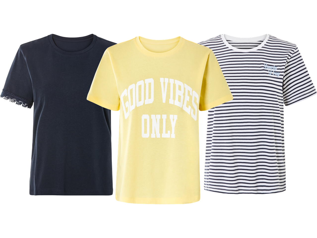 Tre t-shirts: en mörkblå med spetsdetaljer, en gul med texten 'Good Vibes Only' och en randig svartvit.