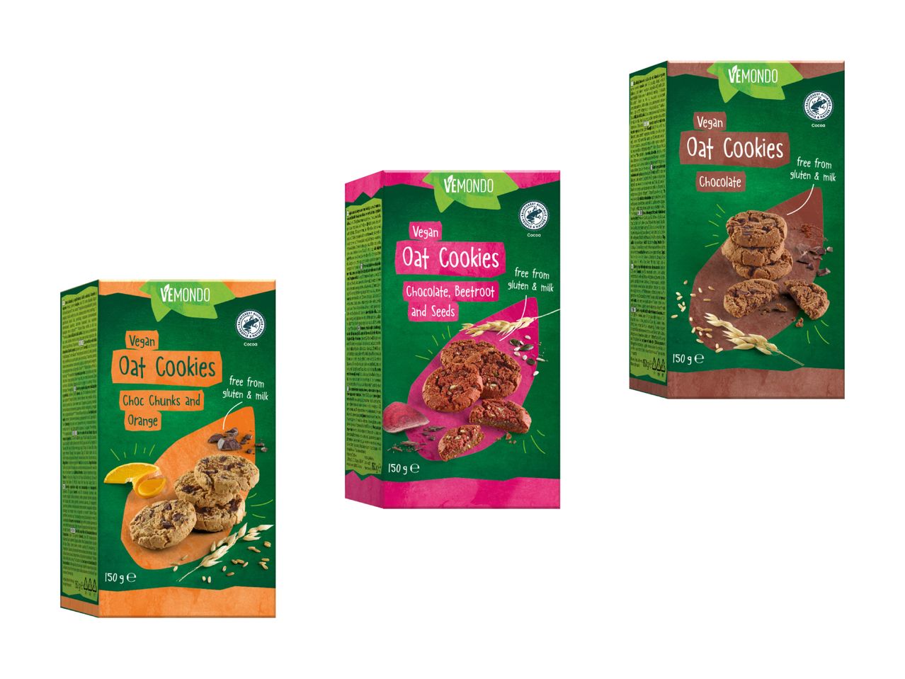 Drei Packungen veganer VEMUNDO-Kekse in den Geschmacksrichtungen Schokolade, Schoko-Orange und Rote Bete-Samen.